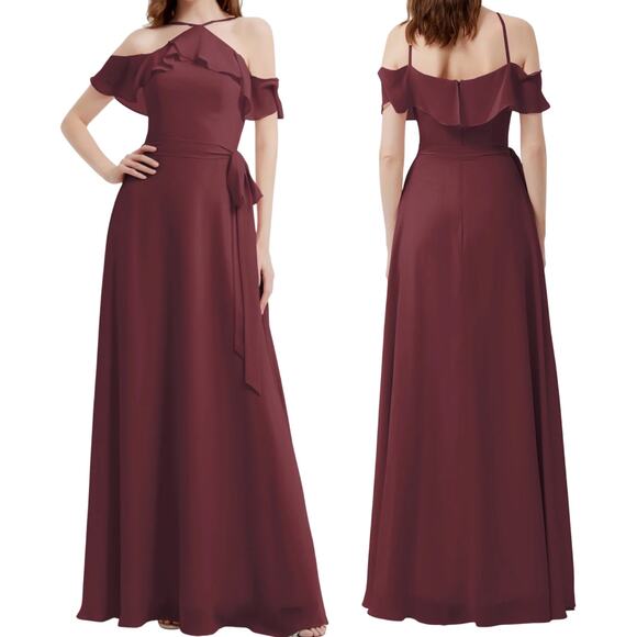Azazie Ailani Gown Ruffle Off Shoulder Y Neck Halter Maxi Cabernet Red Womens 10 - Picture 1 of 14
